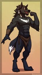  2018 anthro black_body black_fur bottomwear canid canine canis clothed clothing digital_media_(artwork) feathers flexing fur hi_res loincloth looking_at_viewer male mammal muscular muscular_anthro muscular_male open_mouth pecs silver_fang simple_background smile solo sorakirbys topless tribal white_body white_fur wolf 