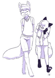  2015 aogami backpack canid canine canis closed_eyes clothed clothing duo eyewear fox glasses hair hi_res hybrid kemono kipfox male mammal monochrome necktie paws sepfy smile wolf young 