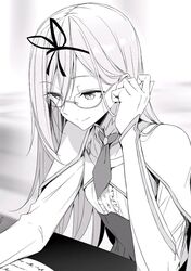  adjusting_hair center_frills closed_mouth desk female frills glasses greyscale hair_between_eyes hair_ribbon hairband half-closed_eyes hand_up highres kasuga_ayumu_(haruhipo) krulcifer_einfolk long_hair long_sleeves looking_away looking_down monochrome necktie paper parted_bangs ribbon saijaku_muhai_no_bahamut school_uniform skirt sleeves_past_wrists smile solo writing 