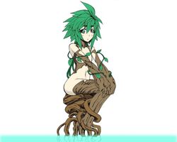  blue_eyes breasts character_profile colored dryad female female flat_chest green_hair highres inui_takemaru kii_(monster_musume) large_breasts leaf leaf_on_head monster_girl monster_musume_no_iru_nichijou multiple_views navel nude official_art okayado plant plant_girl s simple_background small_breasts solo typo vines white_background 