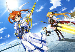  3girls absurdres arm_guards bardiche_(nanoha) bardiche_(zanber_form)_(nanoha) belt belt_buckle blonde_hair blue_eyes brown_hair buckle cape cloud day fate_testarossa fate_testarossa_(blaze_form) fingerless_gloves gloves hat highres holding holding_weapon imageboard_desourced jacket long_hair long_skirt lyrical_nanoha magazine_(weapon) magical_girl mahou_shoujo_lyrical_nanoha mahou_shoujo_lyrical_nanoha_a&#039;s mahou_shoujo_lyrical_nanoha_the_movie_2nd_a&#039;s multiple_girls non-web_source official_art okuda_yasuhiro open_clothes open_jacket overskirt raising_heart raising_heart_(exelion_mode)_(2nd) red_eyes schwertkreuz short_twintails skirt sky smile sun takamachi_nanoha takamachi_nanoha_(exelion_mode) thighhighs twintails very_long_hair waist_cape weapon yagami_hayate zettai_ryouiki 