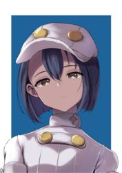  aether_foundation_employee aether_foundation_uniform black_hair blue_background bright_pupils brown_eyes closed_mouth commentary_request dark-skinned_female dark_skin expressionless female flat_cap hat head_tilt hesumi highres looking_at_viewer pokemon pokemon_sm short_hair solo tsurime upper_body white_hat 