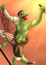  absurd_res anthro bottomwear bunnylace clothed clothing fantasy gladiator hi_res holding_net kobold male net pants reptile scalie screaming solo throw_net topless warrior weapon 