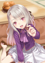  asymmetrical_bangs barefoot basket blush candy chocolate commentary_request doonatsu. fate/stay_night fate_(series) feeding female food fruit grey_hair head_tilt heart heart-shaped_chocolate holding holding_food illyasviel_von_einzbern incoming_food indoors kotatsu long_hair long_sleeves looking_at_viewer mandarin_orange open_mouth partial_commentary pleated_skirt purple_shirt red_eyes shirt sitting skirt solo table teeth upper_teeth_only valentine very_long_hair wariza white_skirt 