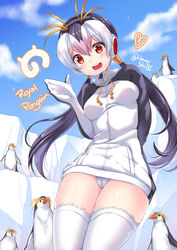  animal bird black_hair blush breasts character_name cloud commentary_request day female headphones highres ice_block jacket japari_symbol kemono_friends long_hair looking_at_viewer multicolored_hair open_mouth penguin red_eyes royal_penguin royal_penguin_(kemono_friends) shibi signature sky small_breasts smile thighhighs turtleneck twintails twitter_username white_hair white_legwear 