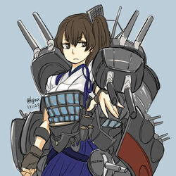  anchor bad_id bad_pixiv_id brown_eyes brown_hair female hakama hakama_skirt japanese_clothes kaga_(battleship) kaga_(battleship)_(kancolle) kaga_(kancolle) kantai_collection rakugaki_kogawa rigging side_ponytail skirt tasuki tosa_(kancolle) turret 