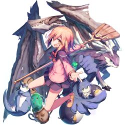  :d ahoge beize_(garbage) bow bowtie broom commentary_request dragon female full_body holding holding_broom loafers long_sleeves looking_at_viewer minis oerba_yun_fang open_mouth pink_hair pleated_skirt shoes short_hair shoulder_pads skirt smile summon_night summon_night_2 