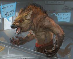  5_fingers absurd_res alradeck anthro bakery black_nose canid canine claws clothed clothing conditional_dnp dialogue digital_media_(artwork) ears_back english_text fangs fingers fur hi_res impatient inside mammal maned_wolf mythological_canine mythological_creature mythology partially_clothed pivoted_ears red_eyes solo tan_body tan_fur teeth text tongue were werecanid werecanine werewolf 