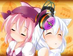  2girls animal_ears blush close-up closed_eyes colorized commentary_request goma_azarasi hat headphones inubashiri_momiji multiple_girls musical_note mystia_lorelei no_headwear pink_hair shared_headphones short_hair terazip touhou white_hair wolf_ears 