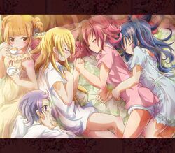  5girls aida_mana bed blonde_hair blue_hair closed_eyes commentary_request cup dokidoki!_precure drinking hair_down hand_on_own_cheek hand_on_own_face harem highres hishikawa_rikka hug hug_from_behind inoshishi_(ikatomo) kenzaki_makoto leg_between_thighs letterboxed long_hair lying multiple_girls night_clothes nightgown on_side orange_hair pink_hair precure purple_eyes purple_hair regina_(dokidoki!_precure) saucer short_hair sitting sleeping tea teacup yotsuba_alice yuri 