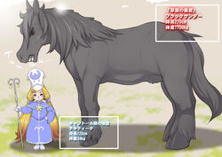  anthro biped black_body black_fur blonde_hair blue_eyes blush canid canine canis chiquitita_(shining) clothed clothing domestic_dog duo equid equine female feral fully_clothed fur hair hand_on_hip handwear hat headgear headwear holding_object horse information information_box j7w japanese_text long_hair looking_at_viewer male mammal measurements metric_unit mittens nude number outline_text_box quadruped robe sega shining_(sega) size_difference staff standing text text_box translated unit 