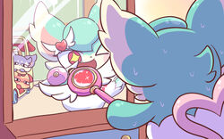  16:10 accessory bibit blue_body blue_fur bodily_fluids brown_body brown_fur clothing cocotama female fur group heart_symbol himitsu_no_cocotama long_ears looking_at_mirror looking_at_object male mirror nettsuu one_eye_closed open_mouth panties pinko_(cocotama) purple_body purple_fur reflection renji_(cocotama) solo_focus star_eyes stick sweat underwear widescreen 