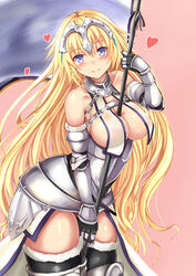  absurdres armor between_breasts blonde_hair blue_eyes blush breasts commentary_request fate/apocrypha fate_(series) female gauntlets headpiece heart highres jeanne_d&#039;arc_(fate) jeanne_d&#039;arc_(third_ascension)_(fate) large_breasts long_hair looking_at_viewer pink_background simple_background solo uchida_shou 