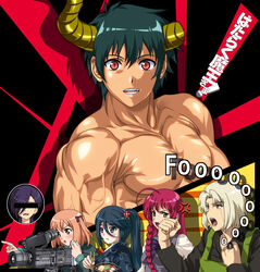  1boy 3girls ashiya_shirou black_hair blood blue_eyes bowl brown_eyes brown_hair camera censored chopsticks commentary_request doriri flexing food gaijin_4koma_(meme) hair_ornament hataraku_maou-sama! identity_censor japanese_clothes kamazuki_suzuno kimono long_hair maou_sadao meme multiple_girls muscular nosebleed not_present open_mouth red_hair sasaki_chiho satan_jacob short_hair short_twintails side_ponytail standing tears topless_male twintails urushihara_hanzou video_camera yusa_emi 