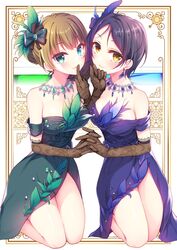  2girls bare_shoulders blush bow bracelet breasts brown_hair commentary_request dress earrings elbow_gloves feathers finger_to_mouth gem gloves green_bow green_dress green_eyes green_gemstone gunp hair_bun hair_ornament hairbow hayami_kanade idolmaster idolmaster_cinderella_girls jewelry looking_at_viewer medium_breasts mole mole_under_eye multiple_girls mysterious_eyes_(idolmaster) parted_bangs pretty_liar_(idolmaster) purple_bow purple_dress purple_hair short_hair single_hair_bun smile takagaki_kaede yellow_eyes 