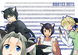  1boy 3girls airi_(robotics;notes) animal_ears apron black_eyes black_hair blonde_hair blue_eyes blush brown_eyes cat_ears cat_tail commentary_request copyright_name daitoku_junna embarrassed formal hair_ribbon hidaka_subaru japanese_clothes kemonomimi_mode koujiro_frau long_hair multiple_girls open_mouth phone ribbon robotics;notes short_hair silver_hair smile suit tail takana_(nanao) 