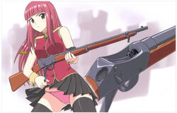  aika_(series) aika_r-16 black_skirt black_thighhighs blunt_bangs blurry blurry_background blush border brown_eyes casing_ejection extra female gun highres holding holding_gun holding_weapon lever_action looking_at_viewer martini-henry official_art panties photoshop_(medium) pink_hair pink_panties pleated_skirt red_shirt rifle shell_casing shirt skindentation skirt sleeveless sleeveless_shirt solo thighhighs underwear weapon wind wind_lift wrist_cuffs yamauchi_noriyasu 