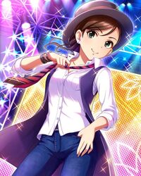  alternate_costume artist_request bad_link bracelet brown_hair denim earrings etou_misaki_(idolmaster) female green_eyes hat idolmaster idolmaster_cinderella_girls jeans jewelry necktie official_art pants shirt stage_lights striped striped_necktie white_shirt 