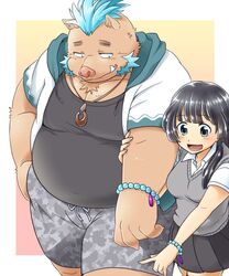  1boy animal_ears beads black_hair blue_hair blush boar_boy boar_ears camouflage camouflage_shorts commentary_request fat fat_man female furry furry_male furry_with_non-furry ganglie_(housamo) hair_between_eyes highres holding interspecies jewelry long_hair monster necklace nunutarou oerba_yun_fang ogre open_mouth orc pig_nose protagonist_2_(housamo) shorts simple_background smile standing straight tokyo_afterschool_summoners tusks 