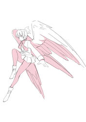  bird_tail cindy_o&#039;brien commentary_request female monochrome original pantyhose seo_tatsuya short_hair simple_background skirt solo tail white_background wings 