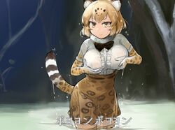  aimitsu_(ibityuttyu) animal_ears blonde_hair blush bow bowtie breast_hold breasts center_frills commentary dripping elbow_gloves female frills fur_collar gloves grabbing_own_breast jaguar_(kemono_friends) jaguar_ears jaguar_print jaguar_tail kemono_friends large_breasts looking_at_viewer parody shirt short_hair skirt smile solo tail thighhighs translation_request tree wading water wet wet_clothes wet_hair wet_shirt wet_skirt yellow_eyes 