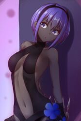  :o against_wall arched_back arms_behind_back bare_arms bare_shoulders between_fingers black_hairband breasts center_opening collarbone colored_skin commentary_request dark-skinned_female dark_skin fate/prototype fate/prototype:_fragments_of_blue_and_silver fate_(series) female grey_skin hairband hassan_of_serenity_(fate) head_tilt hesumi highres holding holding_weapon kunai looking_at_viewer medium_breasts navel open_mouth pink_background purple_eyes purple_hair revealing_clothes short_hair solo stomach upper_body weapon 