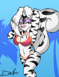  2017 abstract_background anthro bedroom_eyes benjipaws bikini black_body black_fur breasts clothed clothing felid female fluffy fluffy_tail fur hair half-closed_eyes hands_behind_head hi_res hybrid licking licking_lips licking_own_lips looking_at_viewer mammal mephitid narrowed_eyes outside pantherine pose seductive self_lick signature simple_background skimpy skunk solo standing striped_body striped_fur stripes swimwear tail tiger tongue tongue_out white_body white_fur white_hair zig_zag 