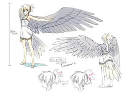  bird_tail blonde_hair character_name cindy_o&#039;brien commentary_request female grey_wings looking_at_viewer multiple_views original profile reference_sheet seo_tatsuya short_hair simple_background skirt smile tail turnaround white_background wings 