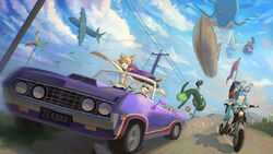  6+girls aircraft airplane airship alternate_headwear artist_name blue_sky boots c-130_hercules cape car cloud commentary_request convertible day dirt_road ex-keine eyewear_on_head ford ford_torino ghost_tail giant giantess grass hat_loss highres holding_on ibuki_suika kaku_seiga kamishirasawa_keine kurodani_yamame miyako_yoshika mononobe_no_futo motor_vehicle motorcycle mountain multiple_girls muscle_car outdoors palanquin_ship pinwheel road silk sky smoke_trail soga_no_tojiko spider_web sunglasses teasmacker touhou toyosatomimi_no_miko utility_pole vehicle_focus when_you_see_it 