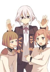  3boys :o brown_eyes brown_hair cape commentary_request crossed_arms hair_ornament hairclip hands_up honebami_toushirou houchou_toushirou maeda_toushirou male_focus multiple_boys open_mouth purple_eyes touken_ranbu translation_request ui_(majiwi) v-shaped_eyebrows white_hair 