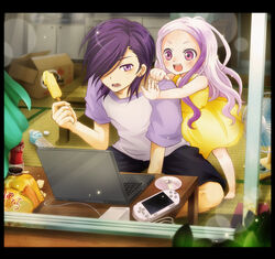  1boy arras_ramus bottle commentary_request computer dress female food hair_over_one_eye handheld_game_console hataraku_maou-sama! kapin laptop lolicon long_hair playstation_vita popsicle purple_eyes purple_hair raglan_sleeves urushihara_hanzou 