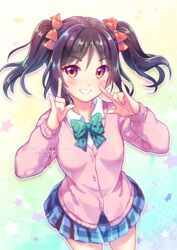  :d \m/ artist_name black_hair blue_skirt blush bow bowtie commentary_request cowboy_shot double_\m/ english_commentary female gradient_background hairbow jacket long_sleeves looking_at_viewer love_live! love_live!_school_idol_project miniskirt neko-rina nico_nico_nii open_mouth pink_jacket plaid plaid_skirt pleated_skirt red_bow red_eyes short_hair short_twintails skirt smile solo standing striped_bow striped_bowtie striped_clothes tareme twintails watermark web_address wing_collar yazawa_nico 