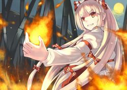  arm_garter bad_id bad_pixiv_id bamboo blunt_bangs female fire fujiwara_no_mokou full_moon grin hair_ribbon long_hair long_sleeves moon night outstretched_arm red_eyes ribbon smile solo touhou tress_ribbon white_hair yizhirenben 