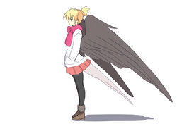  bird_tail blonde_hair cindy_o&#039;brien commentary_request female hands_in_pockets original pantyhose profile seo_tatsuya short_hair simple_background skirt solo tail white_background 