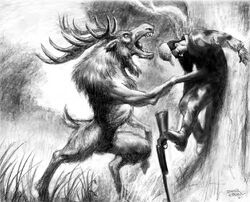  2007 alces_(world_of_darkness) brian_leblanc chronicles_of_darkness deer greyscale gun human male mammal monochrome new_world_deer open_mouth ranged_weapon rifle teeth violence weapon were weredeer weremoose werenew_world_deer werewolf_the_forsaken white_wolf_publishing 