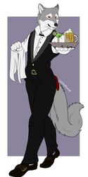  2014 alcohol anthro avoid_posting bartender beverage canid canine canis claws clothed clothing food footwear fur hi_res lilythekitsune lunarphase male mammal paws shoes simple_background smile solo suit waiter walking wolf 