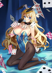  ace_(playing_card) ace_of_diamonds ace_of_spades animal_ears atago_(kancolle) bare_shoulders black_pantyhose blonde_hair blue_eyes blush card checkered_floor chinese_commentary choker collarbone commentary covered_navel diamond_(shape) female four_of_clubs four_of_diamonds fur gloves high_heels jack_(playing_card) jack_of_spades kantai_collection kneeling long_hair looking_at_viewer miyazakisoul nine_of_clubs nine_of_hearts pantyhose photoshop_(medium) playboy_bunny playing_card rabbit_ears rabbit_tail seven_of_spades six_of_diamonds smile solo spade_(shape) tail ten_of_diamonds three_of_spades two_of_clubs wrist_cuffs 