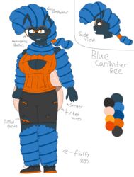  antennae anthro bee bee_girl big_breasts blue_fur blue_hair blue_skin boob_window breasts fluffy_hair glasses hymenopteran insect_girl insect_humanoid insect_wings lunartempt neck_tuft orange_eyes original_character ponytail reference_image reference_sheet ripped_clothing roxana_(lunartempt) stinger stripes sweater 