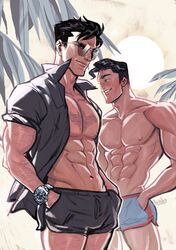  abs babsdraws batman batman_(bruce_wayne) batman_(series) biceps bruce_wayne bulge clark_kent dc_comics hairy_chest hands_in_pockets justice_league kal-el male male_focus male_only muscles muscular muscular_male open_shirt pecs shirtless_male smooth_chest smooth_skin sunglasses superman superman_(series) swimsuit 