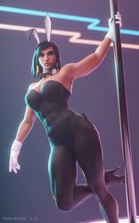    3d abs animal_ears black_eyes black_hair blender bowtie bunny_ears bunnysuit clothing dark-skinned_female dark_skin female footwear gloves high_heels high_resolution muscle muscular_female nylons overwatch pharah pharah-best-girl pole self_upload shoes stripper_pole white_gloves 