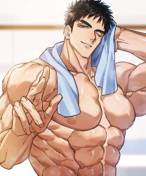  1boy abs bara black_hair blue_eyes day domo_(domo_kizusuki) highres kokado_shido_(domo) large_pectorals male_focus muscular muscular_male nipples one_eye_closed original pectorals short_hair shredded_muscles sideburns smile solo sweat thick_eyebrows topless_male towel towel_around_neck upper_body veins veiny_arms wet 