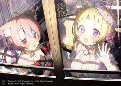  2girls aerial_fireworks alcohol animal_ear_fluff animal_ears ariake_(azur_lane) ariake_(unending_friendship)_(azur_lane) asagi_yuna azur_lane bare_shoulders black_dress black_gloves blonde_hair blush cat_ears cat_girl collarbone cup dress fireworks flower gloves hair_flower hair_ornament hair_rings hand_on_glass hatsushimo_(azur_lane) hatsushimo_(perennial_joy)_(azur_lane) holding holding_cup jewelry lips multiple_girls oerba_yun_fang official_alternate_costume open_mouth pink_flower pink_hair purple_eyes red_dress red_eyes red_wine reflection skin_fang two-tone_dress upper_body white_dress white_gloves window wine 