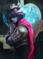  2023 abstract_background angusburgers armor blue_body blue_skin cape clothing crossover deltarune disco_elysium hi_res humanoid kris_(deltarune) male not_furry obscured_eyes red_cape red_clothing solo undertale_(series) 