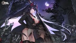  azur_lane black_hair bow_(music) breasts cello cleavage commentary copyright_name female flower full_moon garter_straps gloves hair_ornament highres holding holding_bow_(music) instrument large_breasts logo long_hair long_sleeves looking_at_viewer moon night night_sky official_art outdoors purple_eyes rose sky smile star_(sky) starry_sky strasbourg_(azur_lane) thighhighs thorns tree yostar zenmaibook 