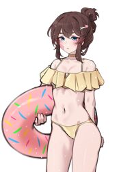  absurdres arm_behind_back bikini blue_eyes breasts brown_hair choker collarbone female frilled_bikini frills frown hair_between_eyes hair_bun hair_intakes hair_ornament hairclip highres holding holding_swim_ring k0ng light_blush loner-chan_(k0ng) looking_at_viewer navel original short_hair_with_long_locks simple_background small_breasts spaghetti_strap sticker_on_face swim_ring swimsuit thick_eyebrows wet white_background yellow_bikini yellow_choker 