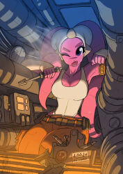  alien belt blue_eyes breasts cleavage colored_skin detached_sleeves eyeshadow female highleg highleg_leotard highres jolly_jack lekku_(anatomy) leotard maintenance makeup mechanic orange_pants pants pink_skin rebel_alliance spacecraft star_wars tank_top toolbox twi&#039;lek utility_belt white_leotard white_tank_top 