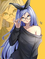  adjusting_eyewear bae_minah_(chaesu) bespectacled black-framed_eyewear black_hairband black_sweater blue_eyes blue_hair blush bow_hairband breasts cleavage commentary dress english_commentary female gift_art glasses hairband highres lips long_hair looking_at_viewer medium_breasts no_bra original pinky_out raxu single_off_shoulder solo sweater sweater_dress symbol-shaped_pupils upper_body very_long_hair yellow_background zoom_layer 