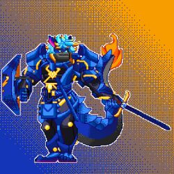  anthro armor blue_body blue_eyes blue_fur blue_hair digital_media_(artwork) dragon fur hair hybrid male markings melee_weapon morishasu mythological_creature mythological_scalie mythology neon pixel_(artwork) scalie shield solo sword tail weapon 