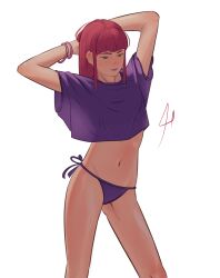  absurdres armlet bikini dc_comics female hand_up highres jewelry light_blush long_hair medium_bangs pink_hair starfire swimsuit teen_titans white_background 