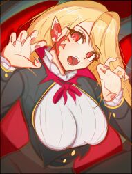  0nineo9 absurdres asymmetrical_bangs black_jacket blonde_hair breasts brown_pantyhose facial_mark fate/grand_order fate_(series) female hair_over_one_eye highres horns jacket large_breasts long_hair long_sleeves looking_at_viewer nero_claudius_(fate) open_mouth pantyhose pointy_ears popped_collar queen_draco_(fate) queen_draco_(third_ascension)_(fate) red_eyes shirt solo thighs white_shirt 